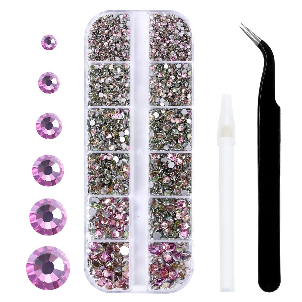 3792 Pcs Champagne Vitrail Crystal Flatback Rhinestones Set for Nail, Art, Crafts, Makeup, Tumblers Glitter Round with Tweezers and Picking Pen(SS6~SS20)