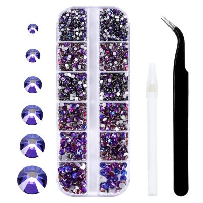 3792 Pcs Purple Velvet Crystal Flatback Rhinestones Set for Nail, Art, Crafts, Makeup, Tumblers Glitter Round with Tweezers and Picking Pen(SS6~SS20)