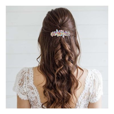 EVER FAITH Wedding Austrian Crystal 4 Daisy Flower Hair Clip, Marquise Round Rhinestone Barrette for Woman Iridescent AB Gold-Tone