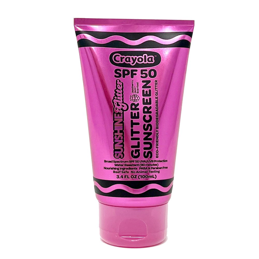 CRAYOLA X Sunshine & Glitter - Biodegradable Glitter Sunscreen Lotion, SPF 50, Jazzberry Jam Scented, TSA Approved Vacation Sunscreen with Eco-Friendly Glitter, 3.4 Oz
