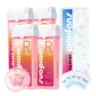 Waxfans Roll On Wax Refill,Wax Roller for Hair Removal,Natural Roses Waxing Cartridge Refill,Quick Melting - For Coarse and Fine Hairs.Includes: 4 waxing Rollers, 5 Clean Oil Bags, 50 Waxing Strips.