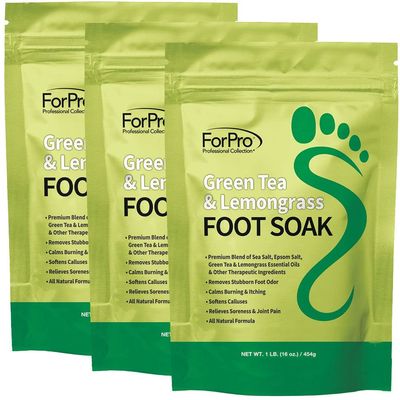 ForPro Professional Collection Green Tea & Lemongrass Foot Soak with Sea & Epsom Salt for Toenail Athletes, Stubborn Odor Scent, Softens Calluses & Soothes Sore Tired Feet - 48 Ounces (3 1-lb Packs)