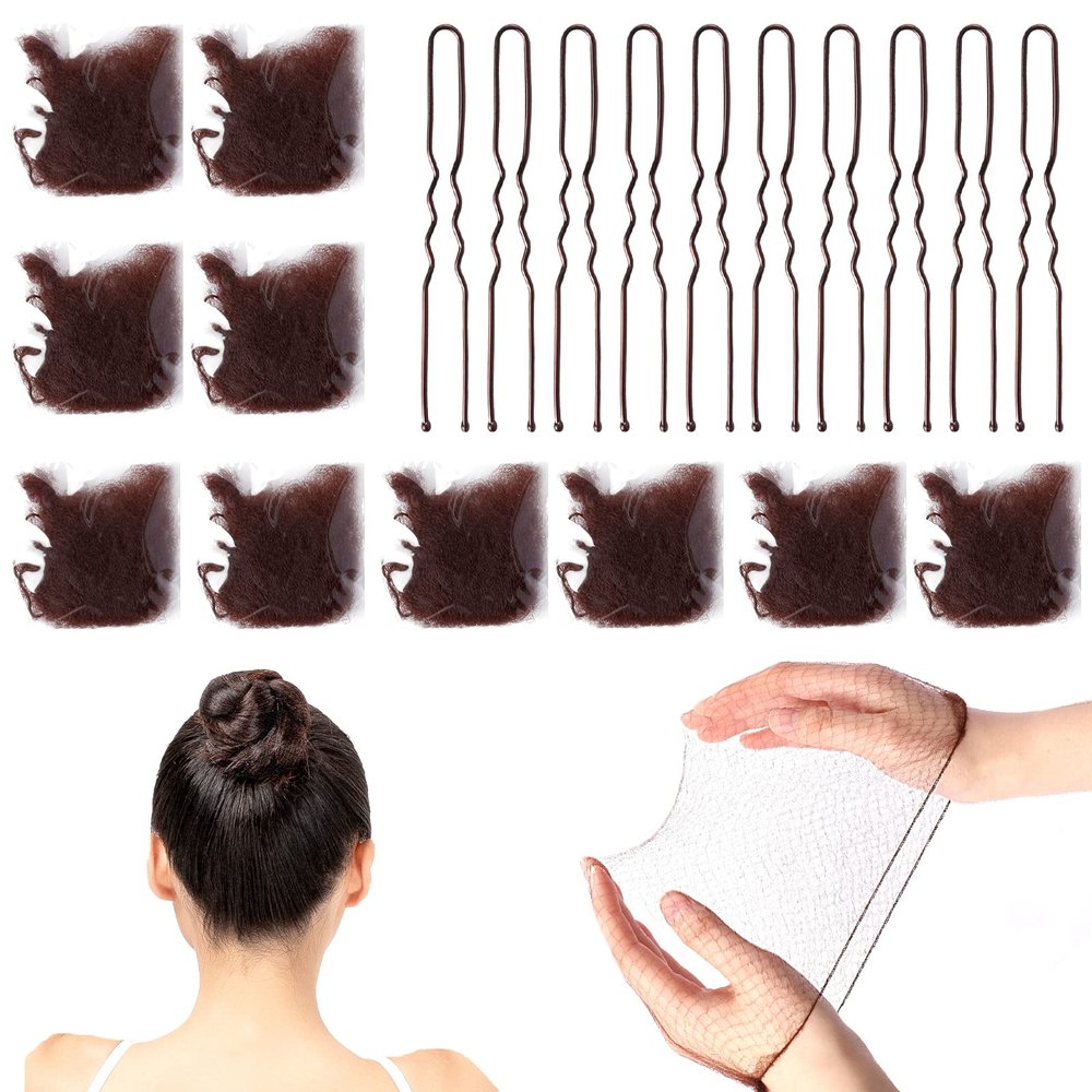 Hair Bun Nets Set with Elastic Edge and U-Shaped Pins for Buns - 20 Brown Mesh Invisible Ballet Nets for Girls and Women