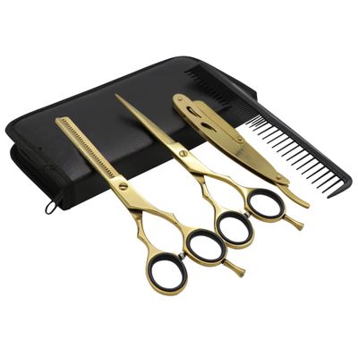 Barber Hair Scissors Cutting & Thinning Scissors Kit Straight Edge Razor Comb with Black Storage Case With Free Blades (Gold 6.5 Inch)