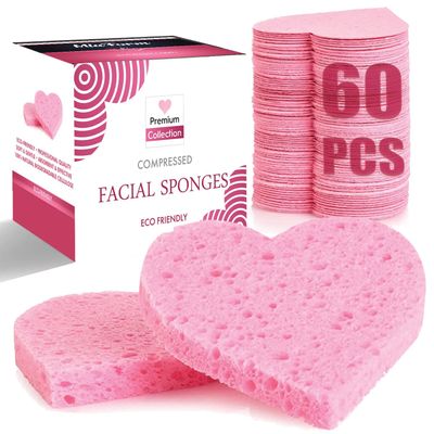 60-Count Compressed Facial Sponges, 100% Natural Cosmetic Spa Sponges for Facial Cleansing, Exfoliating Mask (Pink Heart)