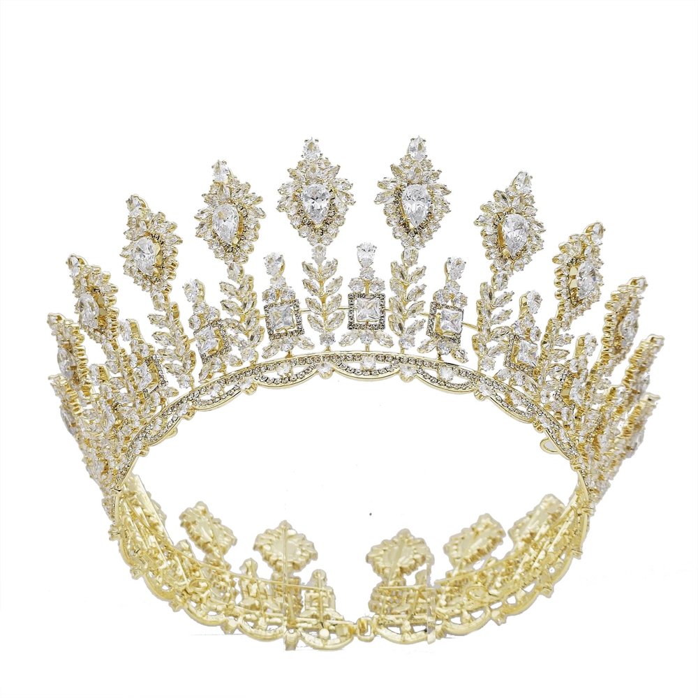 Luxury Wedding Round Tiaras Cubic Zirconia Big Queen Crowns for Women Princess Large Crown Pageant Huge Hair Accessories for Bride (Gold)