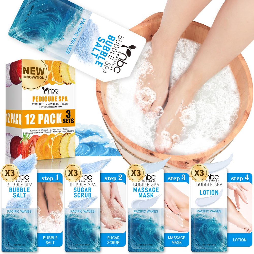 nbc BeautiLab Pedicure Kit Foot Soak Set: Bubble Salt, Sugar Scrub, Massage Mask, Massage Lotion in a Box, 4 Step Foot Spa Kit for Dry Feet, Calluses and Tired Feet(3 Set Pacific Waves)