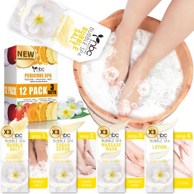 nbc BeautiLab Pedicure Kit Foot Soak Set: Bubble Salt, Sugar Scrub, Massage Mask, Massage Lotion in a Box, 4 Step Foot Spa Kit for Dry Feet, Calluses and Tired Feet(3 Set Milky Flower)