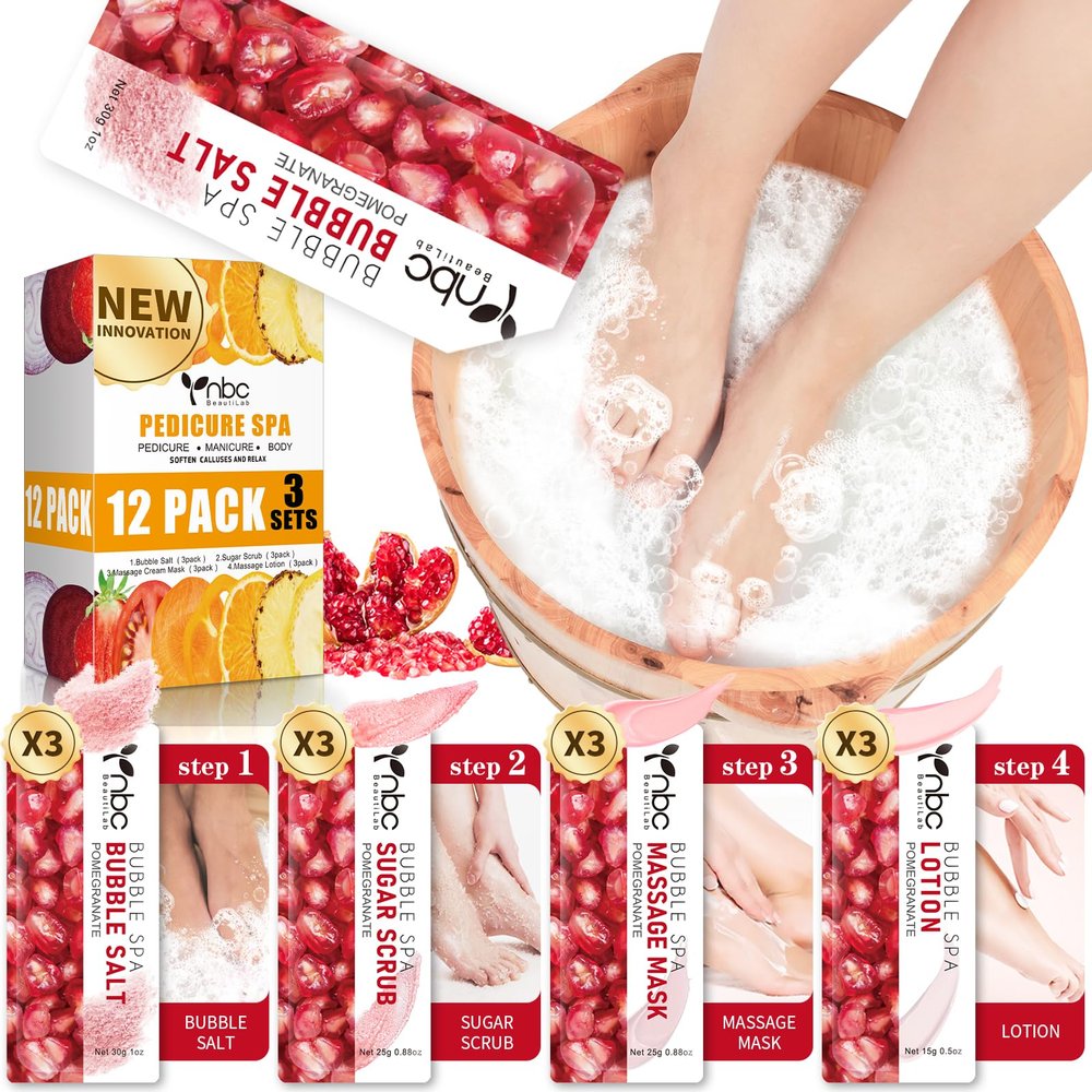 nbc BeautiLab Pedicure Kit Foot Soak Set: Bubble Salt, Sugar Scrub, Massage Mask, Massage Lotion in a Box, 4 Step Foot Spa Kit for Dry Feet,Tired Feet3 Set Pomegranate)