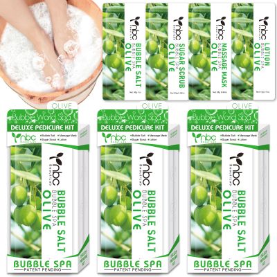 nbc BeautiLab Pedicure Kit Foot Soak Set: Bubble Salt, Sugar Scrub, Massage Mask, Massage Lotion in a Box, 4 Step Foot Spa Kit for Dry Feet, Calluses and Tired Feet(3 Set Olive)