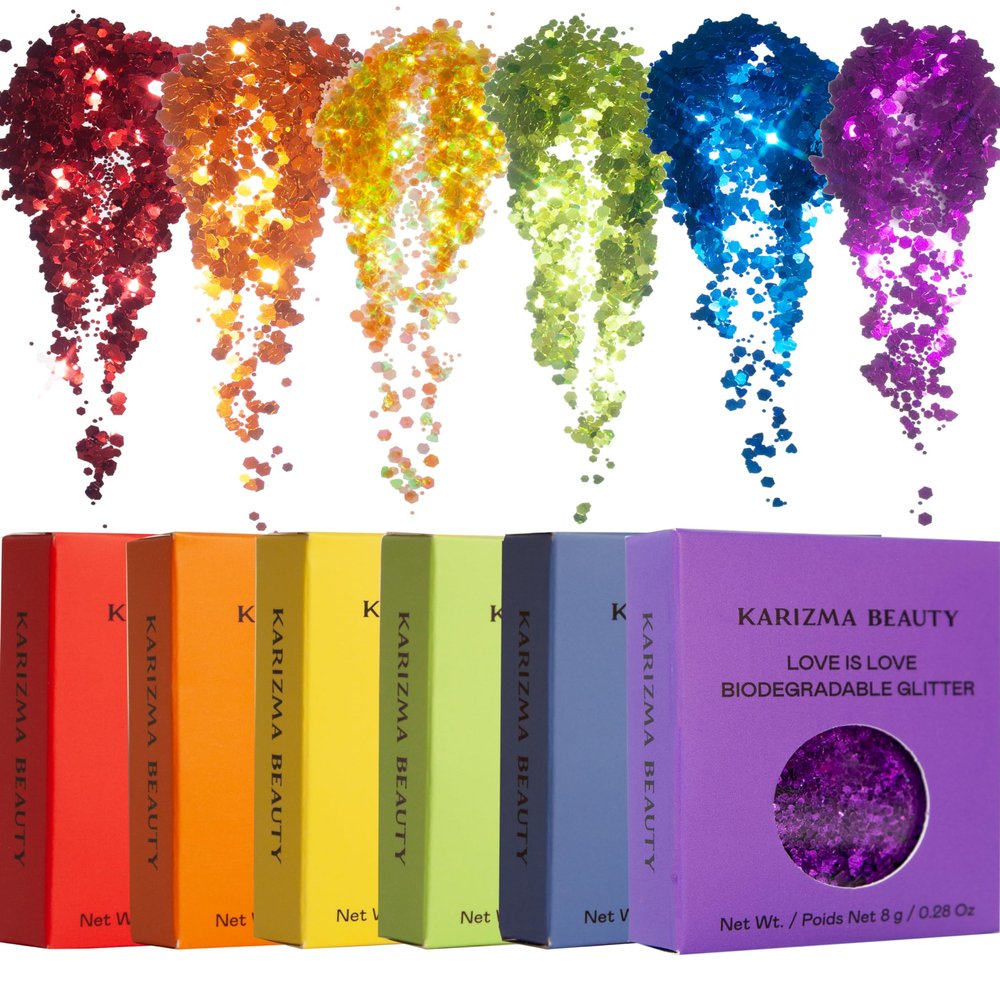 KARIZMA Love is Love. 6X 10g Chunky Face Glitter, Pride Rainbow, Hair Eye and Body Sparkles for Everyone. Rave and Cosmetic Makeup.