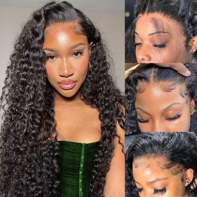 13x6 Deep Wave Lace Front Wigs Human Hair Pre Plucked 200% Density 12A Virgin Wet and Wavy Lace Frontal Human Hair Wig for black Women Deep Curly HD Transparent Lace Front Wigs (Natural Color, 18Inch)