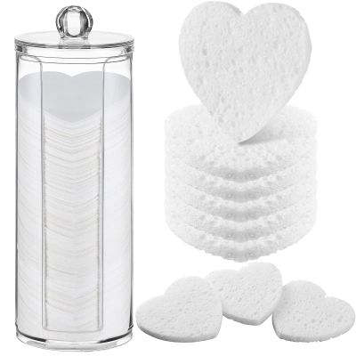 Sieral 120 Pcs Compressed Facial Sponges with Container Disposable Face Sponge Pads for Washing Face Cleansing Exfoliating Esthetician Makeup Removal(Heart,White)
