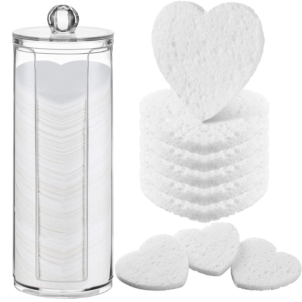 Sieral 120 Pcs Compressed Facial Sponges with Container Disposable Face Sponge Pads for Washing Face Cleansing Exfoliating Esthetician Makeup Removal(Heart,White)