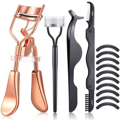 5 Pieces Eyelash Curler Set Include Eyelash Curlers with 10 Pieces Eyelash Curler Refill Pads Eyelash Comb Eyebrow Brush Eyelash Tweezers False Eyelashes Applicator Tool for Women (Rose Gold, Black)