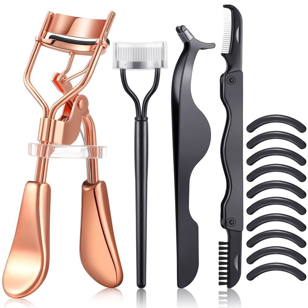 5 Pieces Eyelash Curler Set Include Eyelash Curlers with 10 Pieces Eyelash Curler Refill Pads Eyelash Comb Eyebrow Brush Eyelash Tweezers False Eyelashes Applicator Tool for Women (Rose Gold, Black)