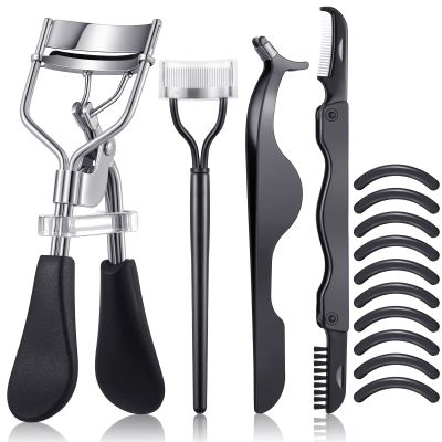 14 Pieces Eyelash Curler Kit Eyelash Comb Eyebrow Brush Tweezers False Eyelashes Applicator Tool Eyebrow Trimmer Silicone Refills Pads for Women(Black)