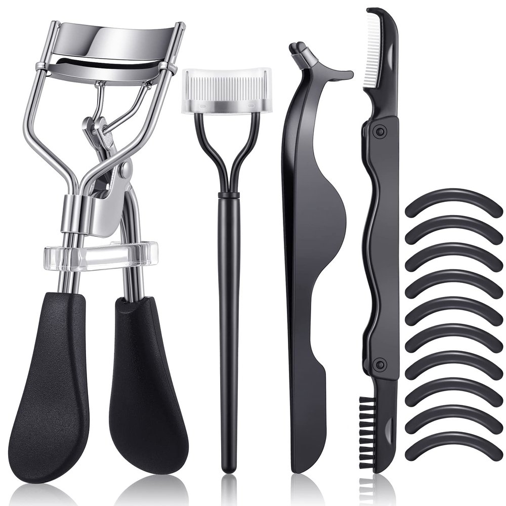 14 Pieces Eyelash Curler Kit Eyelash Comb Eyebrow Brush Tweezers False Eyelashes Applicator Tool Eyebrow Trimmer Silicone Refills Pads for Women(Black)