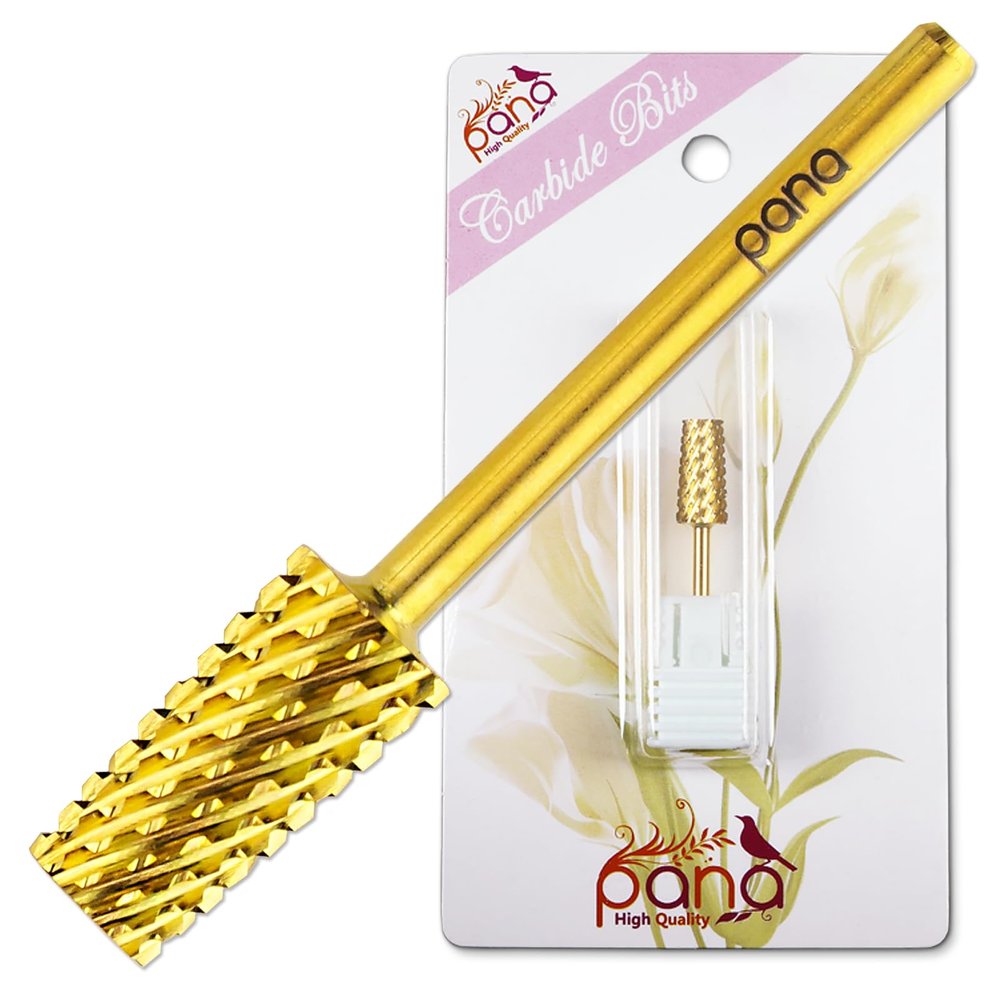 PANA Tapered Barrel Carbide 3/32" Shank Size - (Gold, Coarse Grit) - Fast remove Acrylic or Hard Gel Nail Drill Bit for Manicure Pedicure Salon Professional or Beginner