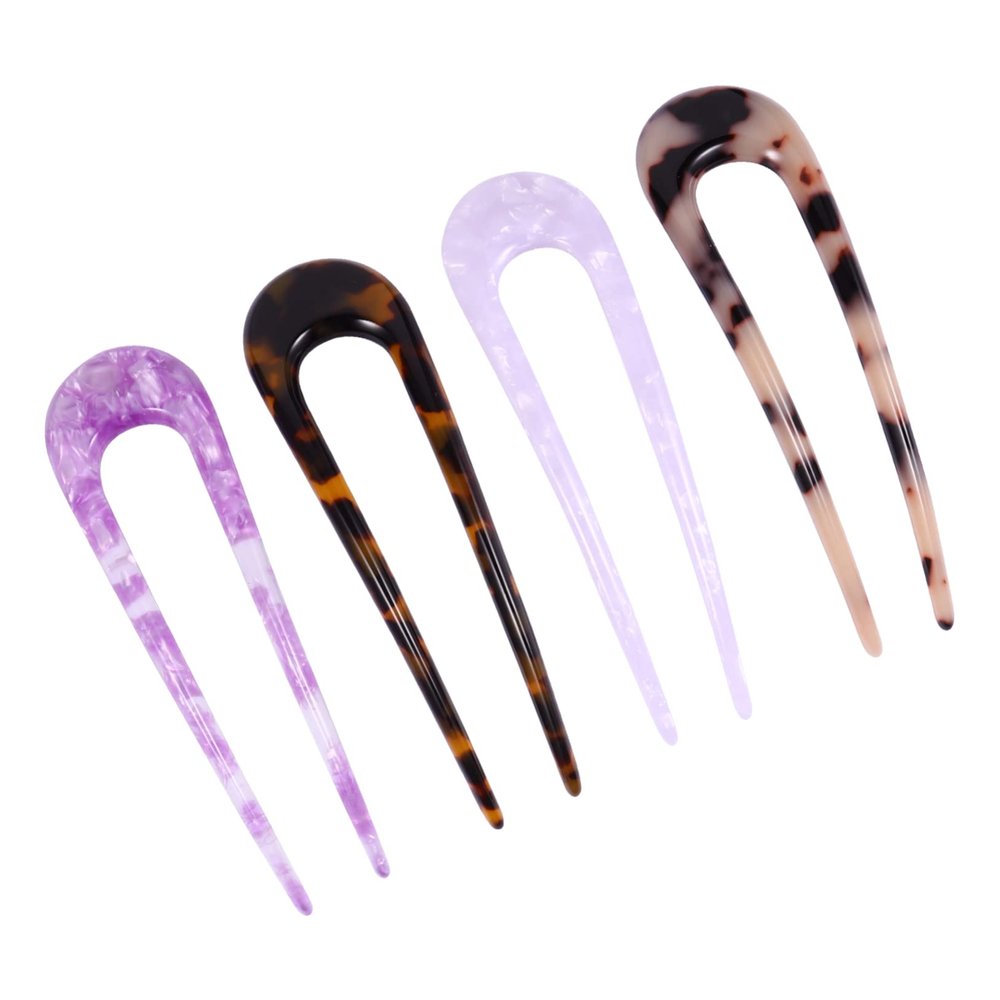 BIUDECO 4pcs U-shaped Acetate Hairpins Double Prong Hair Clips for Bun Holders Vintage Ivory Colors Stylish Hair Accessories for Women