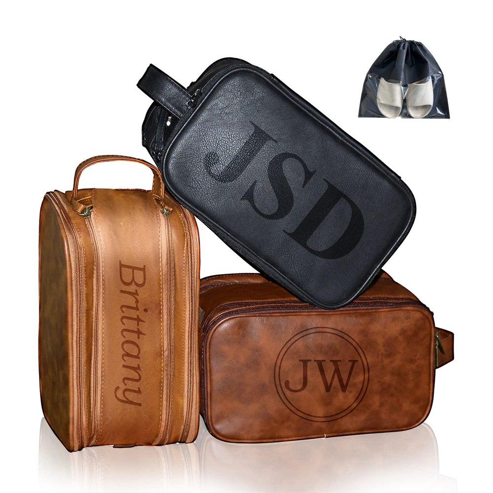 ELULAE Personalized Leather Toiletry Bag for Men Large Capacity, Engraved Name/Initial, Custom Groomsmen Shaving Dopp Kit Organizer Waterproof, Handcrafted Gift for Christmas, Thanksgiving, Husband
