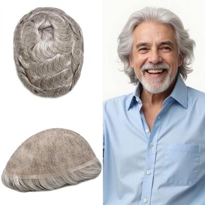 Mens Hair Systems Toupee For Men European Human Hair All Lace Mens Toupee Natural Hairline Hair Piece For Men Gray Black Brown Wig8 x10-100% Light Density#380 3# DARK BROWN+80% GREY