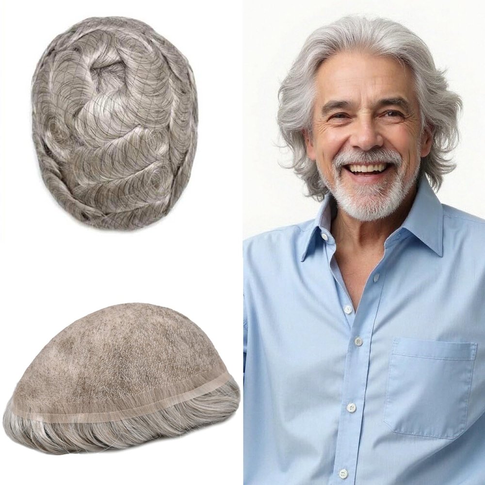 Mens Hair Systems Toupee For Men European Human Hair All Lace Mens Toupee Natural Hairline Hair Piece For Men Gray Black Brown Wig8 x10-100% Light Density#380 3# DARK BROWN+80% GREY