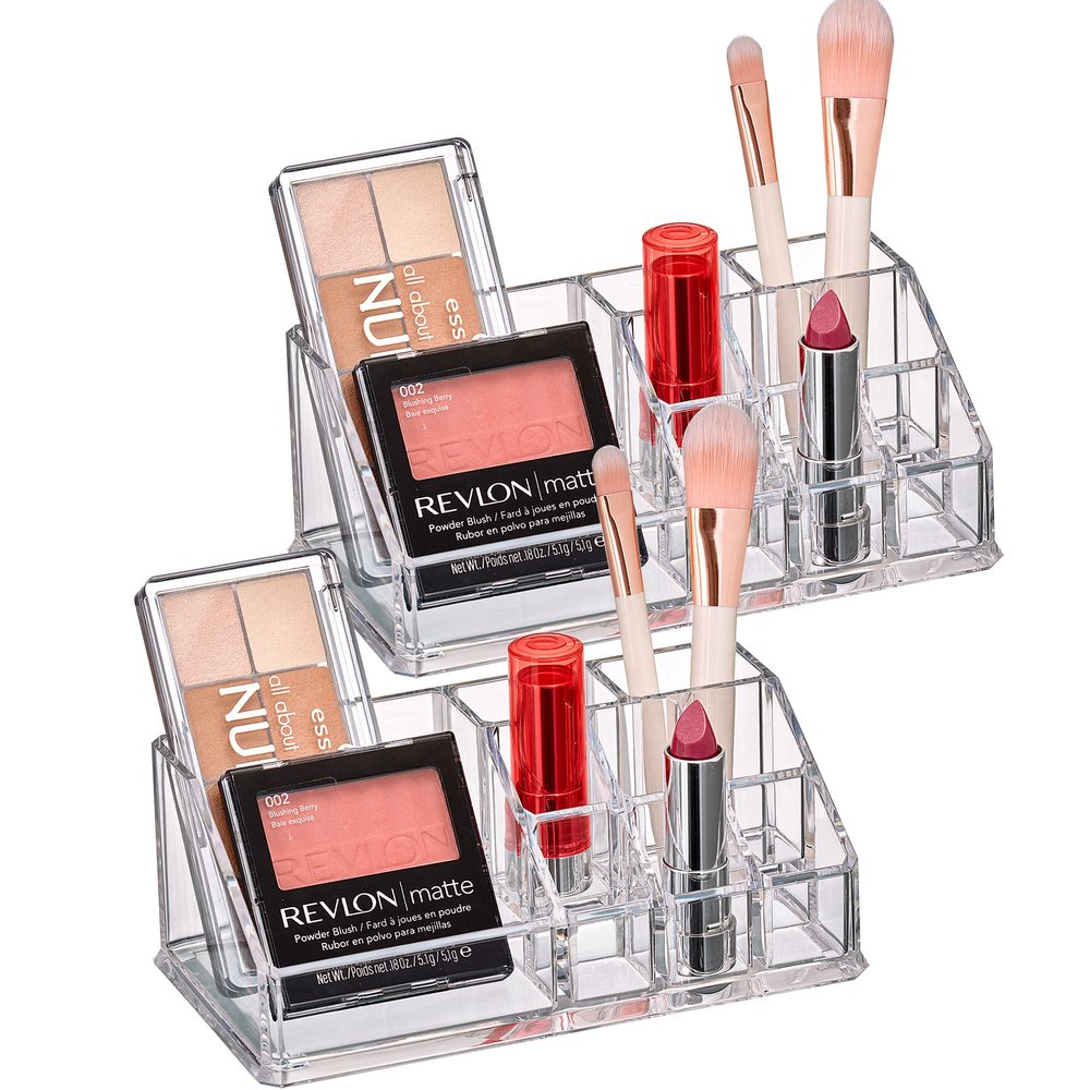 Amazing Abby - Tiffany - 2-Pack Acrylic Cosmetic Organizer, Transparent Plastic Makeup Holder, Compartmented, Shatter-Proof, Perfect Bathroom Vanity Storage Solution for Beauty Supply, Small