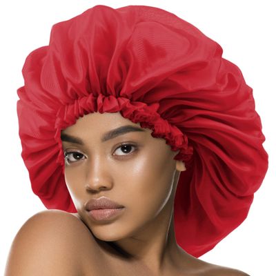 Argan & Black Castor Treatment Caps Satin Sleep Cap Bonnet Hair Accessories Shower Caps for Women Reusable Waterproof Super Jumbo Red