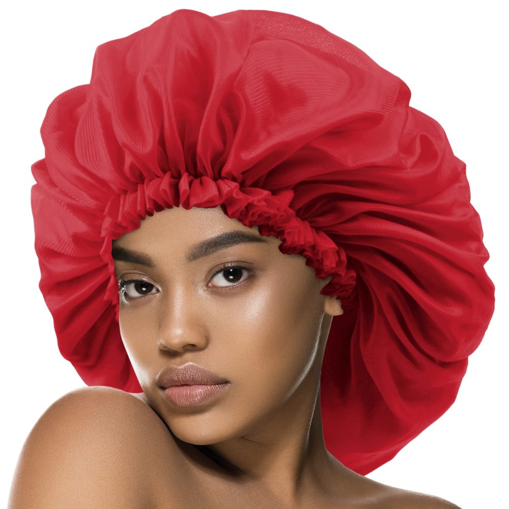 Argan & Black Castor Treatment Caps Satin Sleep Cap Bonnet Hair Accessories Shower Caps for Women Reusable Waterproof Super Jumbo Red