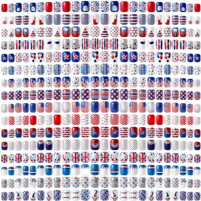 384 Pieces 16 Pack 4th of July Press On Nails Patriotic Press On Nails Short Independence Day Nails Red White and Blue American Flag Nails Square False Nails Medium Full Cover Coffin for Women Girls