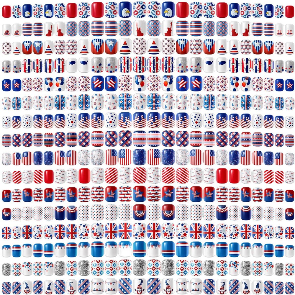 384 Pieces 16 Pack 4th of July Press On Nails Patriotic Press On Nails Short Independence Day Nails Red White and Blue American Flag Nails Square False Nails Medium Full Cover Coffin for Women Girls