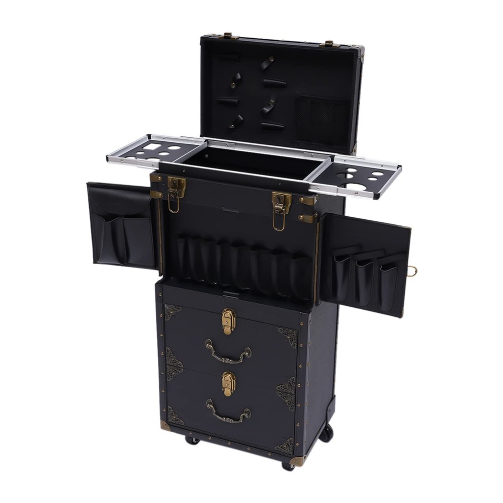 InSyoForeverEC Rolling Makeup Train Case, Hairdressing Trolley Stylist Beauty Salon Cosmetic Luggage, Travel Organizer Tool Box with Hair Dryer Holder, Lockable Travel Makeup Trolley