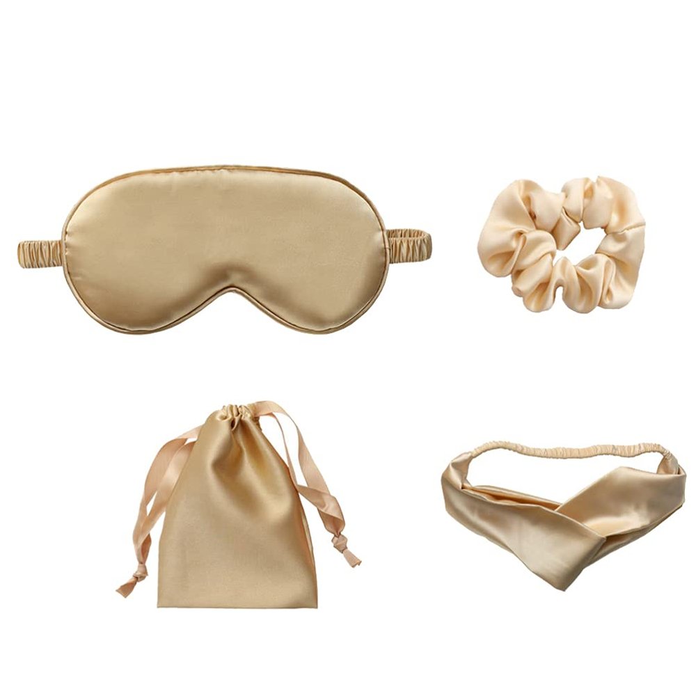 Ciieeo 1set Imitation Silk Sleeping Mask Eye Cover Ear Plugs Hairband Storage Bag Comfortable Blindfold for Relief Improved Sleep Quality