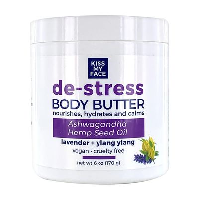 Kiss My Face De-Stress Body Butter - Lavender + Ylang Ylang - Nourishing Blend Of Rhodiola Rosea, Hemp Seed Oil, Ashwagandha and Marshmallow Root - Vegan & Cruelty-Free - 6 oz Jar