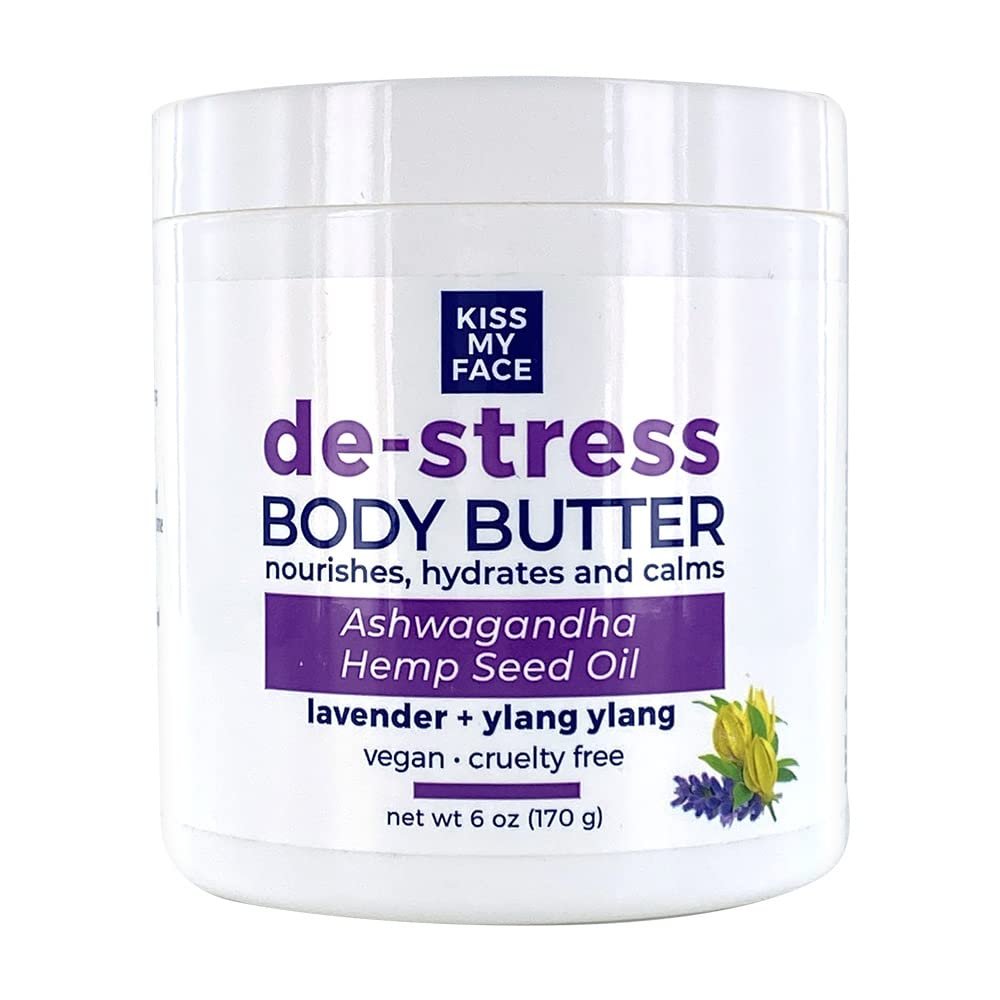 Kiss My Face De-Stress Body Butter - Lavender + Ylang Ylang - Nourishing Blend Of Rhodiola Rosea, Hemp Seed Oil, Ashwagandha and Marshmallow Root - Vegan & Cruelty-Free - 6 oz Jar