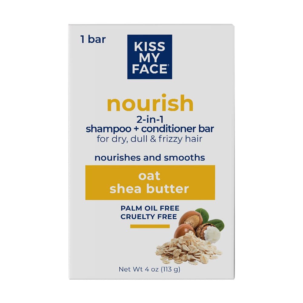 Kiss My Face 2-in-1 Shampoo + Conditioner Bar - Palm Oil, Cruelty-Free for Dry, Dull & Frizzy Hair with Oat and Shea Butter-113 grams