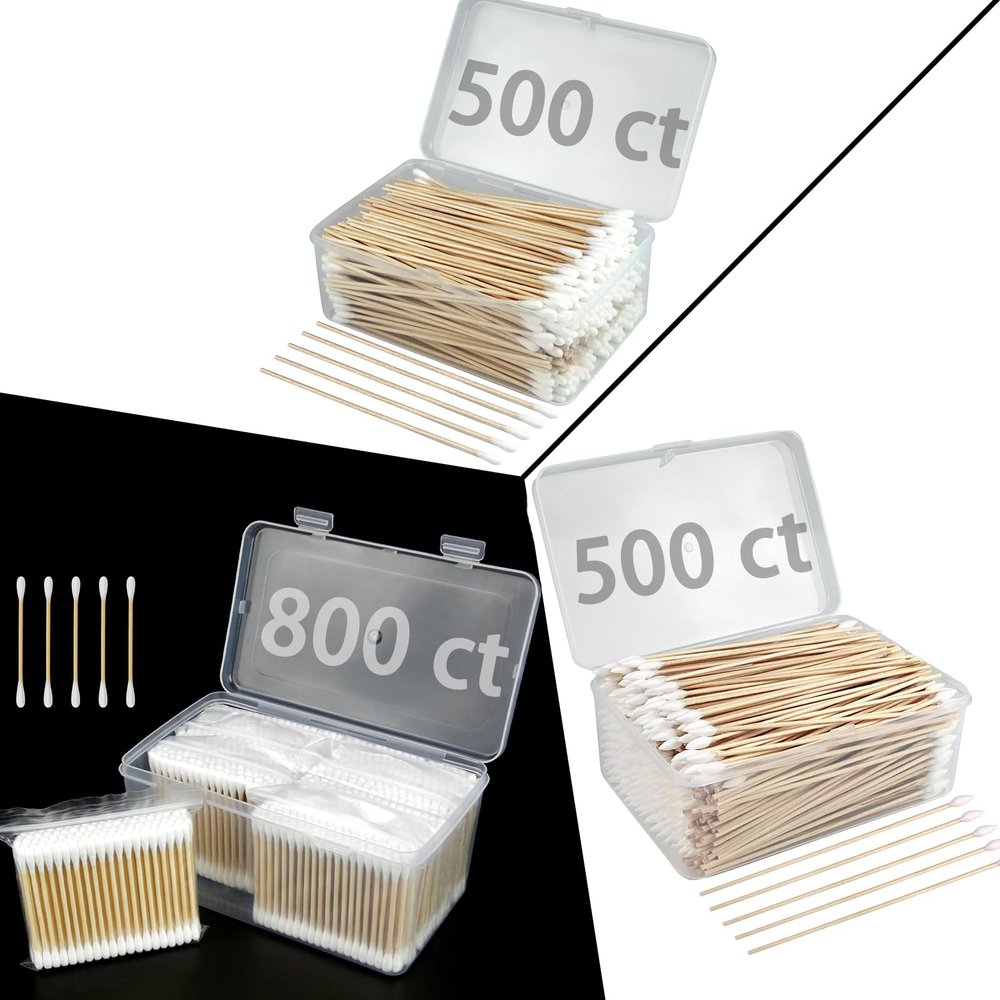 800 ct Double Round Cotton Swabs + 500 ct 6 Inches Pointed Cotton Swabs + 500 ct 6 Inches Round Cotton Swabs with Storage Case