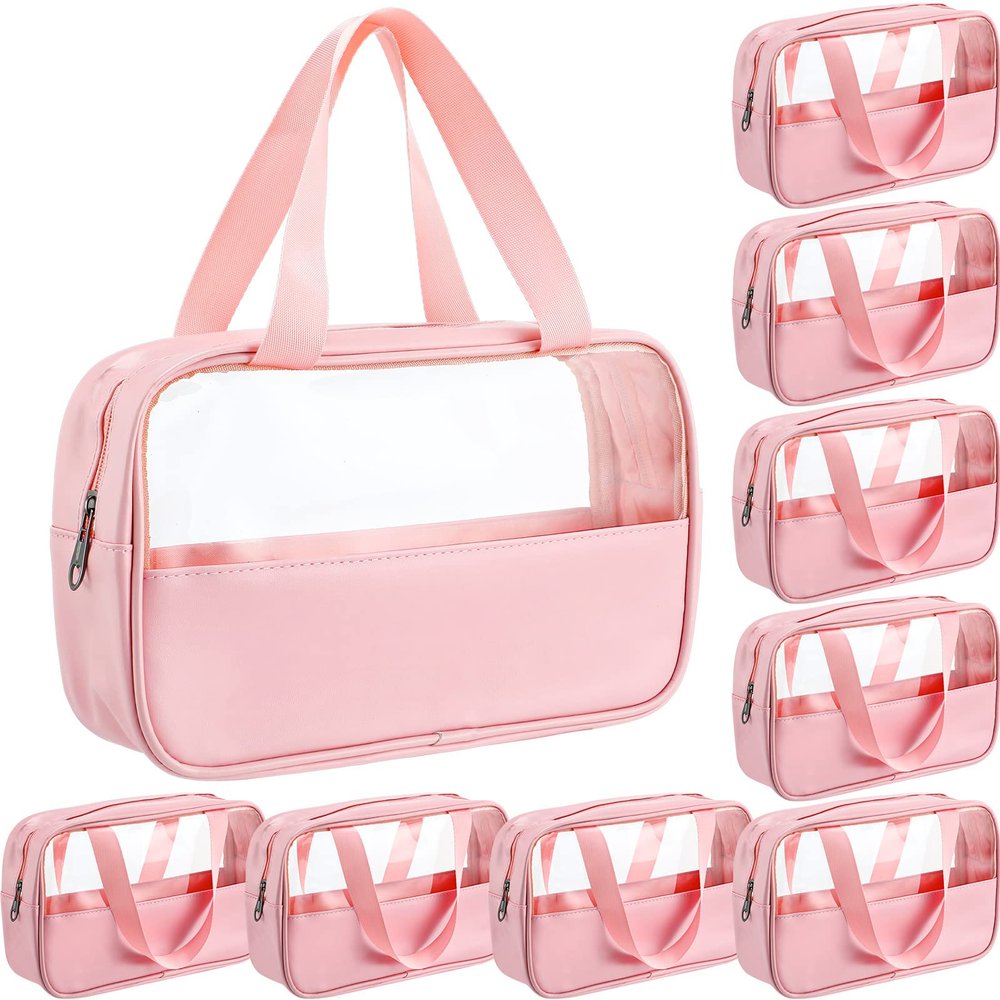 Buryeah 9 Pcs Translucent Make up Bag Toiletry Organizer for Women Men Waterproof Portable Cosmetic Travel Bag with Hanging Handles Travel Storage Carry Pouch, 10.2 x 6.3 x 2.8 Inches (Pink)
