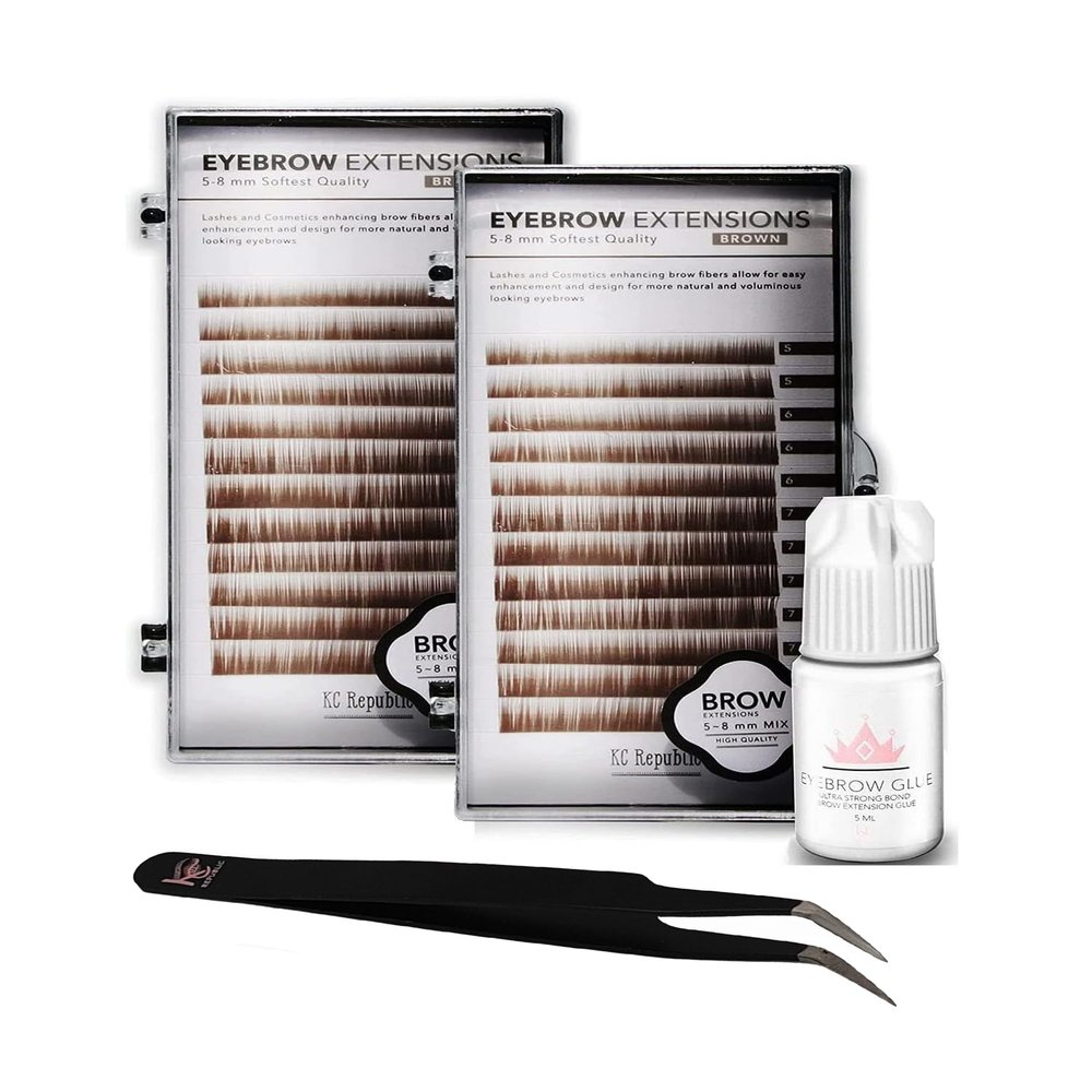 KC Republic Lash Eyebrow Extensions Kit with 2 Trays of Mink False Eyebrows in Brown, Eyebrow Glue Clear & Extension Tweezers, Comes on Mixed Length Trays 5-8 mm (Brown 2-Pack, Black Tweezer)