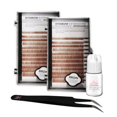 KC Republic Lash Eyebrow Extensions Kit with 2 Trays of Mink False Eyebrows in Blonde/Light Brown, Eyebrow Glue Clear & Extension Tweezers, Comes on Mixed Length 5-8 mm Mix (Black Tweezer)