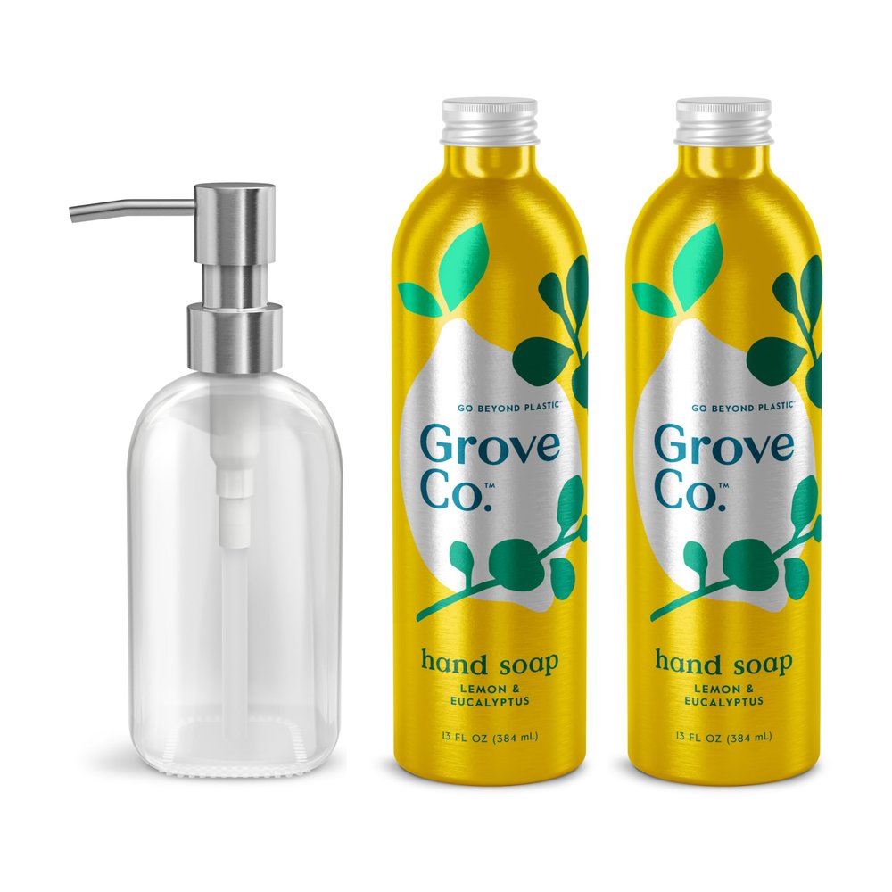 Grove Co. Hydrating Gel Hand Soap Refills (2 x 13 Fl Oz) + 1 x Reusable Glass Soap Dispenser, Refillable Liquid Hand Soap Starter Kit, Natural Lemon & Eucalyptus Fragrance