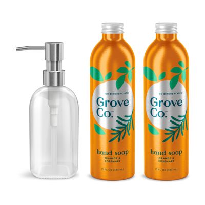 Grove Co. Hydrating Gel Hand Soap Refills (2 x 13 Fl Oz) + 1 x Reusable Glass Soap Dispenser, Plastic-Free & Liquid Refillable Starter Kit, Natural Orange & Rosemary Fragrance