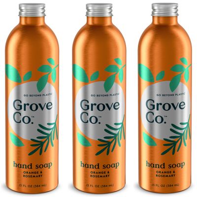 Grove Co. Hydrating Gel Hand Soap Refills (3 x 13 Fl Oz) Plastic-Free Liquid Hand Soap Refill Set, Leaves Hands Soft and Clean, 100% Natural Orange & Rosemary Fragrance