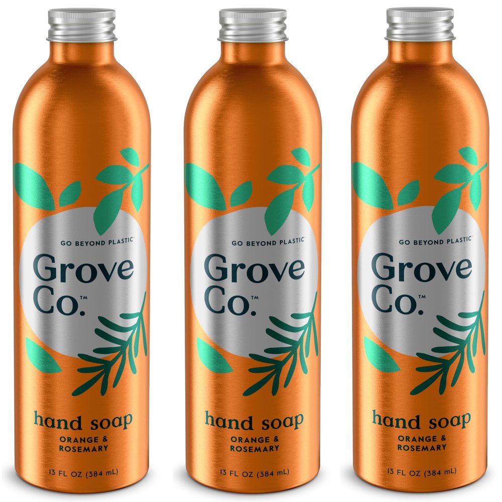 Grove Co. Hydrating Gel Hand Soap Refills (3 x 13 Fl Oz) Plastic-Free Liquid Hand Soap Refill Set, Leaves Hands Soft and Clean, 100% Natural Orange & Rosemary Fragrance