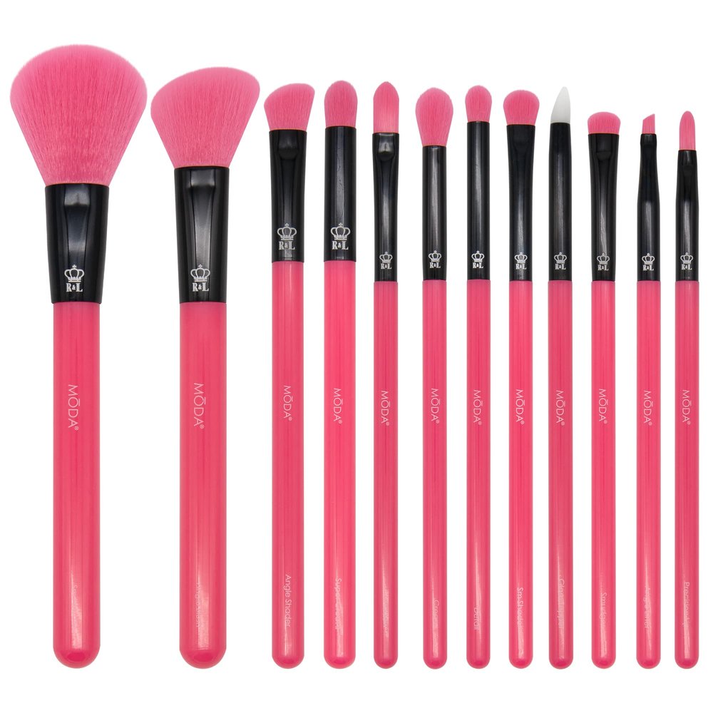 MODA Neon Pink Makeup Brush Set 12pc Face & Eye Brush Kit with Soft Vegan Filaments Blending, Contouring, Highlighting Cruelty-Free, Bold Neon Design