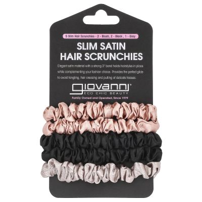 GIOVANNI Slim Satin Hair Scrunchies - Silk Hair Ties, Small Silk Scrunchies for Hair, Satin Hair Ties, Silk Skinny Scrunchies, For Healthy-Looking Hair & Skin - Scrunchie Pack of 5