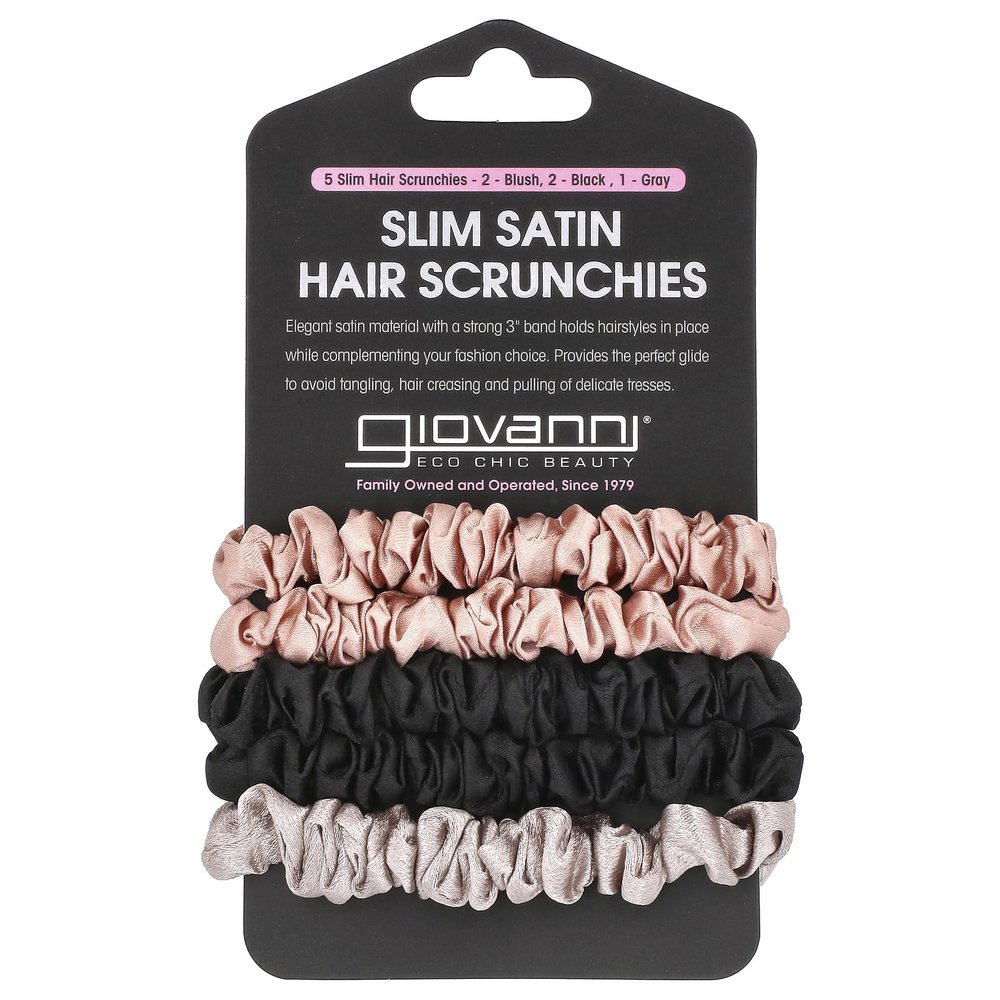 GIOVANNI Slim Satin Hair Scrunchies - Silk Hair Ties, Small Silk Scrunchies for Hair, Satin Hair Ties, Silk Skinny Scrunchies, For Healthy-Looking Hair & Skin - Scrunchie Pack of 5