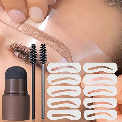 10 Eyebrows stamp Stencils Kit, 1 step brows powder makeup & 2 Eyebrow Brushes