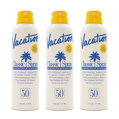 Vacation Classic Sunscreen Spray SPF 50, Water-Resistant, Lightweight, Transparent on All Skin Tones, Dermatologist-Tested, Vegan, 6 Fl. Oz. (Value Pack of 3)
